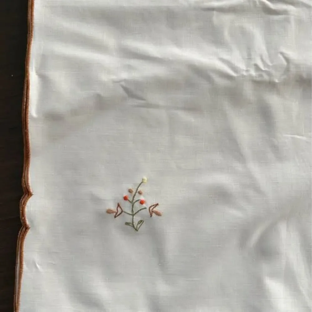 Vintage Linen Cream Napkins w/Mushroom Embroidery & Brown Trim Never Used